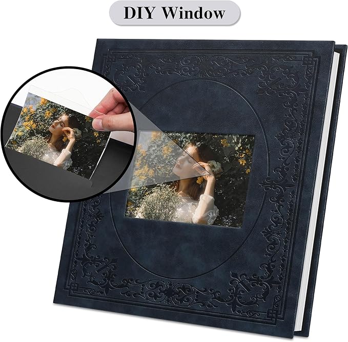 Vienrose Self Adhesive Faux Leather Photo Album with Window DIY Scrapbook Kit for 4x6 5x7 8x10 Pictures, Memory Book for Baby Kids Wedding Journal School Polaroid, 30 Sheets(60 Pages) Navy Blue
