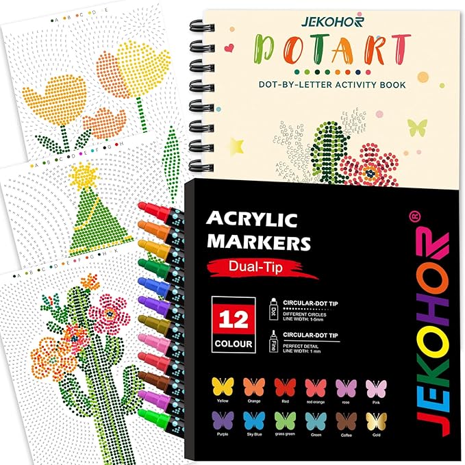 Coloring Book,Dot By Letter Art Meditations with 12 PCS Acrylic Markers,Mindfulness Adult Coloring Book-Relaxing,Anti-Stress,30 Pattern Activity Coloring Books for Adults,Dot Art for Adults-Landscapes