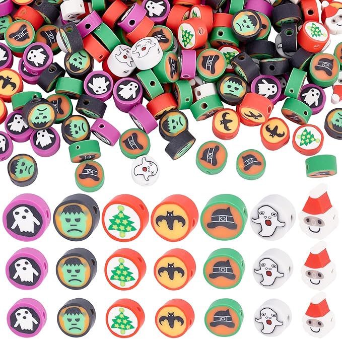 SUNNYCLUE 1 Box 200Pcs Halloween Polymer Clay Bead Ghost Skull Face Bat Handmake Polymer Clay Beads Pumpkin Flat Round for Jewelry Making Charm Earring Choker Bracelet Necklace Random Pattern