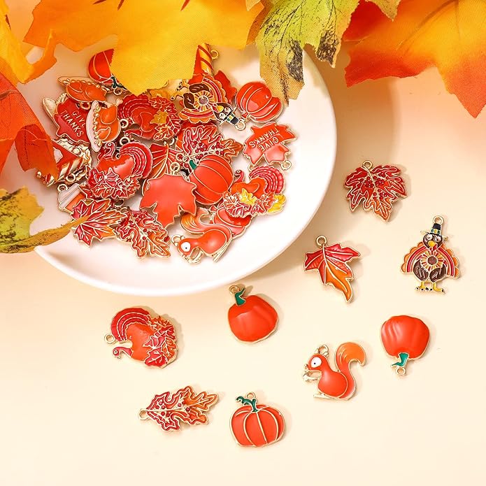40/50PCS Fall Charms for Jewelry Making, Thanksgiving Pumpkin Maple Leaf Turkey Pendant Charms for DIY Autumn Bracelet Necklace Earrings Crafts