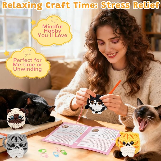 Crochet Kit for Beginners, 4-Pack Adorable Cat Crochet Kits, Beginner Crochet Kit for Adults Kid, Crochet Animal Kit for Starter w/ Step-by-Step Video Tutorials, Crochet Gifts for Cat Lovers