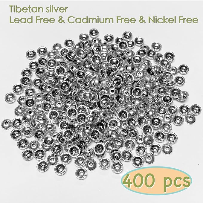 Heather's cf Flower Bead Caps Custom Fancy Charm Jewelry Making Spacer Kit Findings Bulk Vintage for Bracelets Earrings Necklaces Rings Beading Supplies Craft Non Tarnish DIY (Smooth Silver - 400 Pcs)