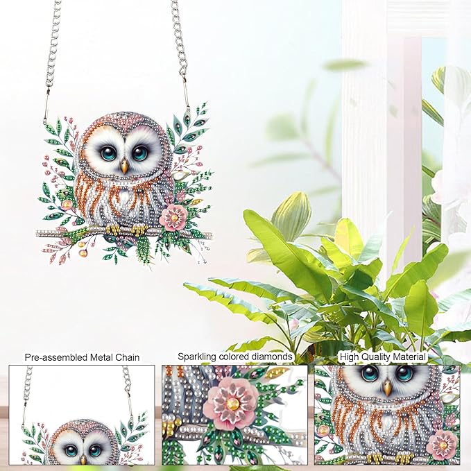 AiYuanzsh Diamond Art Painting Kits Hanging Pendant, Animal Owl Diamond Art Hanging Sign DIY Special Shaped Crystal Pendant Ornaments for Door Wall Window Home Xmas Halloween Decor