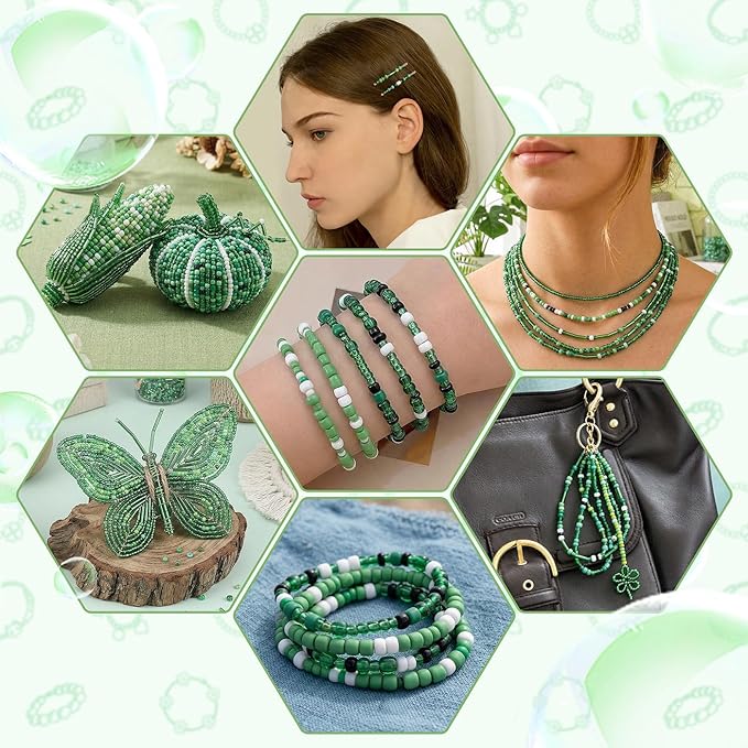 DUQGUHO Green Beads for Jewelry Making 4mm Green Glass Seed Beads Kit 15 Color 3mm 2mm Small Plastic Tube Bead for Bracelets Craft DIY St. Patrick's Day Bead