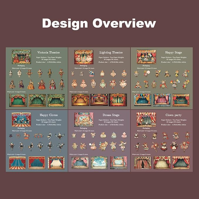 Vintage Carnival Circus Sticker Set – 90pcs Laser-Cut Interactive Stage Cards with Retro Clown Ephemera for Scrapbook Journal Junk Journal & DIY Collage Decor