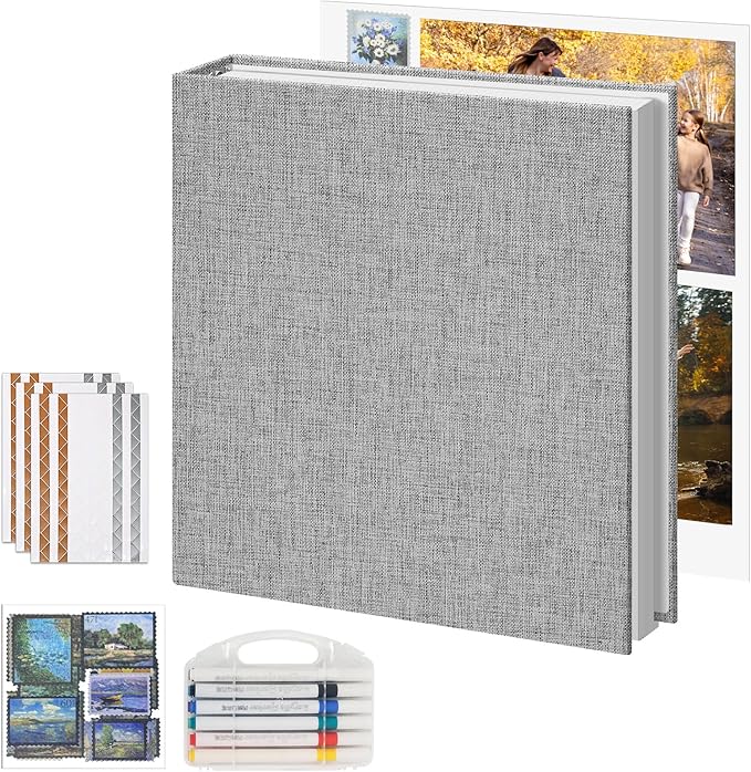 Vienrose Photo Album Scrapbook, 3 Ring 8" x 10" Linen Cover Kraft Paper Memory Book with 30 Sheets 60 Pages, Scrapbook Set for Wedding, Anniversary, Family, Travel, Grey
