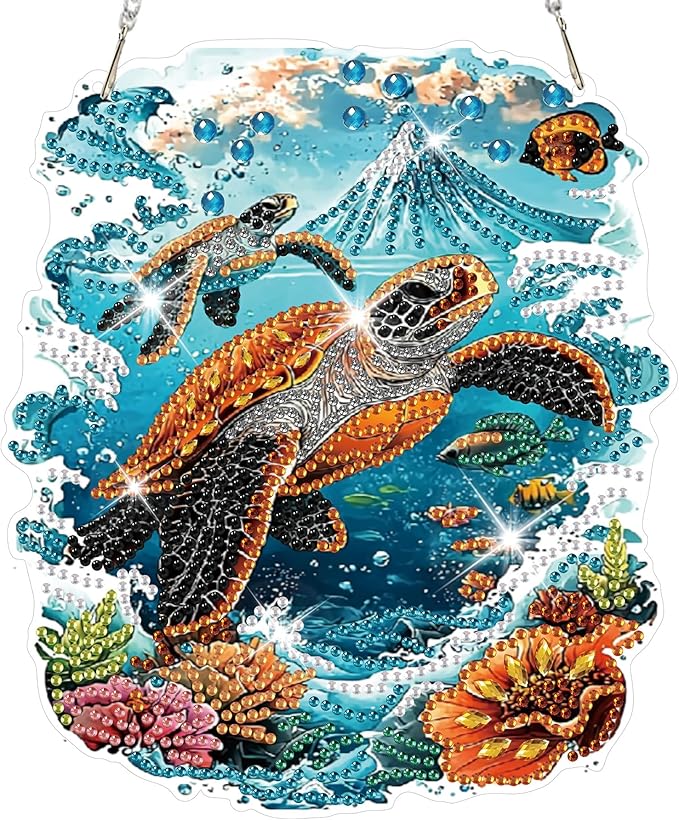HEIBAGO Diamond Art Hanging Kits for Adults Kids, Hanging Diamond Art Sea Turtle, 5D Special Shaped Crystal Diamond Painting Kit, DIY Pattern Window Pendant for Home Wall Decor 8.3x8.3Inch
