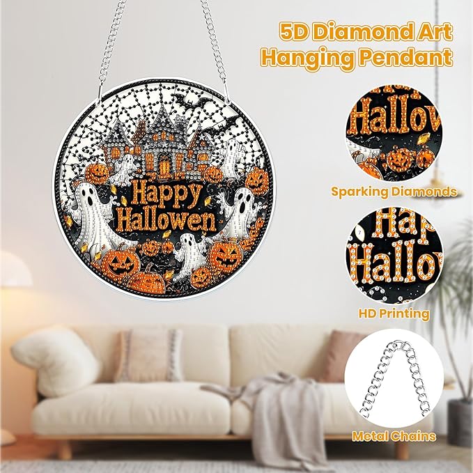 MOGTAA Halloween Diamond Art Hanging Pendant Kits, Pumpkin Castle Diamond Art Kits for Adults, 5D Special Shape Diamond Painting Ghost Gem Art for Home Garden Wall Decor