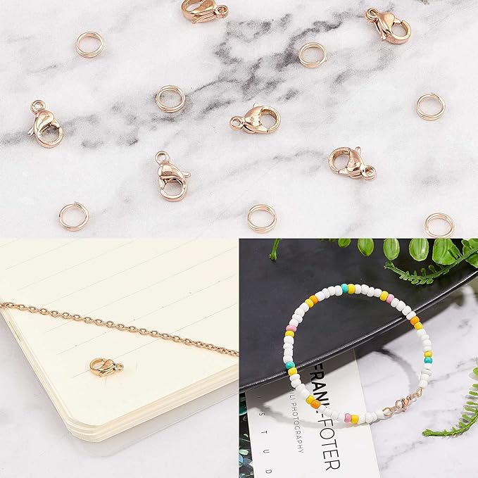 PandaHall 60 pcs 5mm 304 Stainless Steel Jump Rings with 30 pcs Lobster Claw Clasps for Earring Bracelet Necklace Pendants Jewelry DIY Craft Making, Rose Gold