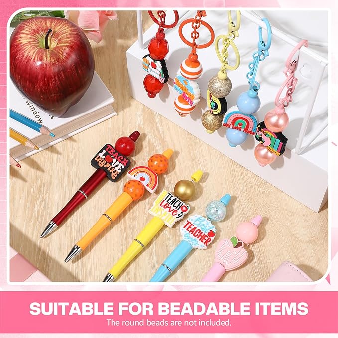 Watersay 50 Pcs Teacher Focal Beads for Pens Appreciation Week Gfits Silicone Focal Beads Bulk Teacher's Day Silicone Charms for Beadable Keychain Pen DIY Crafts Necklace Bracelet Jewelry Making