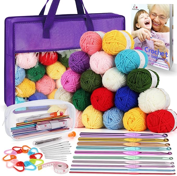 Crochet Yarn for Crocheting, Aeelike 1093 Yards Acrylic Yarn for Knitting,Full Crochet Kits for Beginners and Professionals, Aluminum Crochet Hooks, Instruction Book and Purple Storage Bag