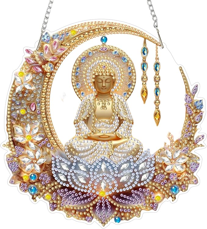 Lxmsja DIY Buddha Statue Diamond Painting Hanging Ornament, Double-Sided Acrylic Lotus Flower Diamond Art Kit, Special Shaped Suncatcher Hanging Pendant Window Art Kit 8x8 inch