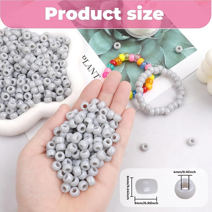 Plastic Pony Beads, 1000 Pcs, 6x9mm, for Bracelet, Hair Braiding, Friendship Bracelets, Jewelry Making (Gray)