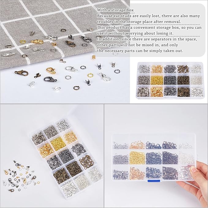 PH PandaHall 1800 Pcs Jewelry Finding Kits, 5 Colors Cord Ends Lobster Claw Clasps 5mm Jump Rings for Earring Bracelet Necklace Pendants Jewelry DIY Craft Making, 24 Styles/Set