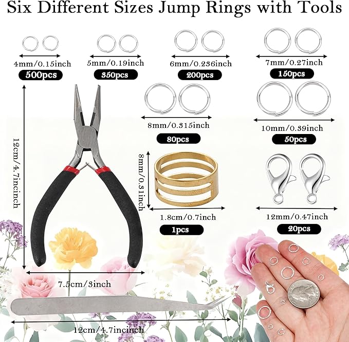 1350pcs Open Jump Rings Lobster Clasps Set Jewelry Pliers,Tweezers and Jump Rings Tool Opener for DIY Earring Bracelet Necklace Extender Chains Jewelry Making (Silver)