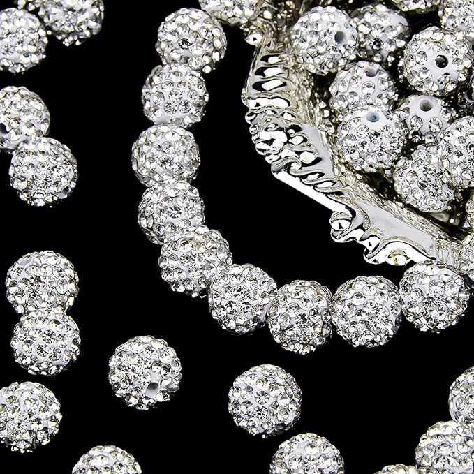 100Pcs 10mm White Rhinestone Beads for Jewelry Making, Shiny Round Disco Ball Sparkly Beads Bulk with 10-Grid Storage Box for DIY Baseball Necklaces Shamballa Bracelets