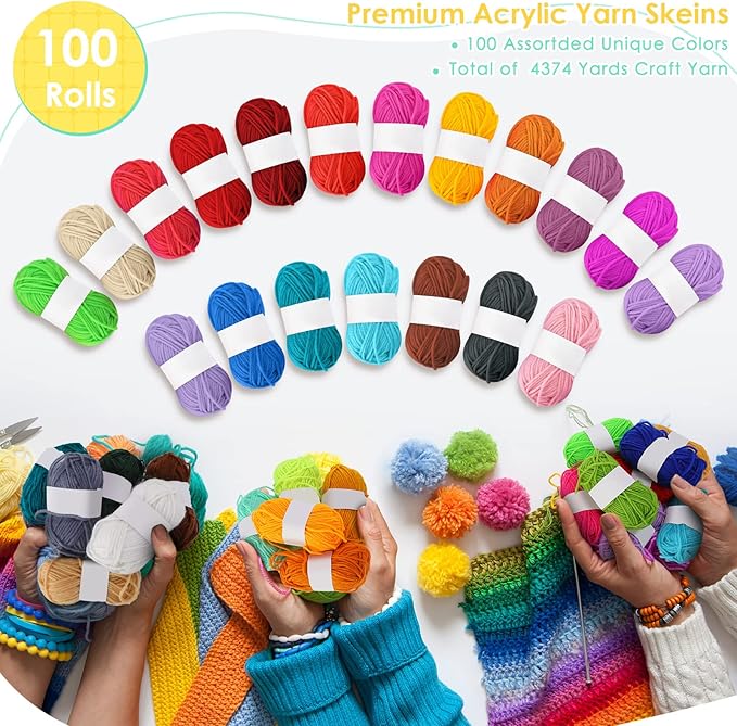 Nuogo 100 Rolls Yarn Bulk for Crocheting Assorted Colors Yarn Skeins 43.73 Yards Each Rolls Knitting Acrylic Mini Soft Bundle for Small Projects Crocheters Beginners and Adults (Multi Colors)