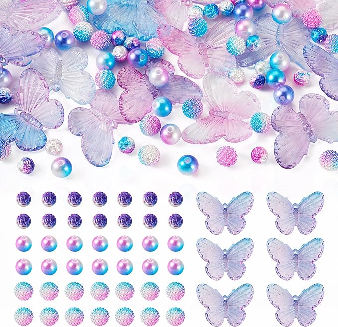 FASHEWELRY 100pcs Assorted Acrylic Beads - Cute Butterfly, Rose Flower, Kawaii Pink & Purple Acrylic Berry Beads Bulk for Bracelets & Necklaces Jewelry Making
