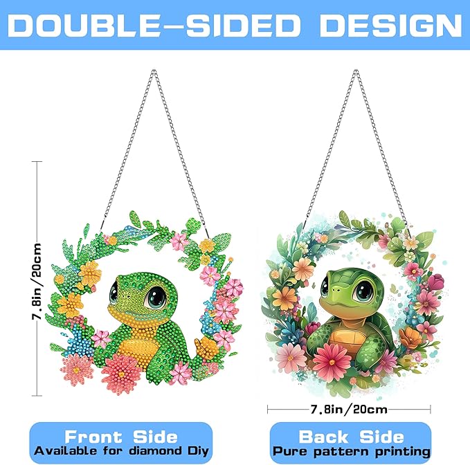VAIIEYO Turtle Diamond Painting Hanging, Animal Diamond Painting Suncatchers Double Side Window Hanging Kit with Chain, 7.5x7.5 inch Crystal Pendant Art Craft for Gift Home Wall Front Door Decoration