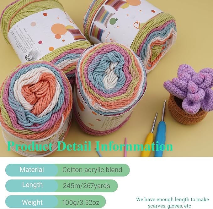 Ombre Cake Yarn for Crocheting 4PCS Gradient Yarn Cake-4x100g 45% Cotton 55% Acrylic Rainbow Cotton Yarn for Knitting,Shawls,Blankets,Scarves,Garments(Rainbow)