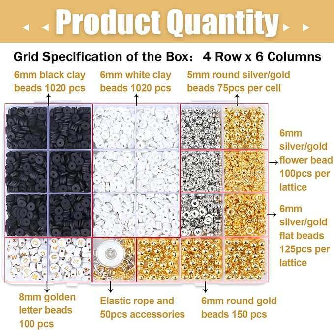 DUQGUHO Clay Beads Bracelet Making Kit for Adults 2940 Pcs, Clay Beads for Bracelets Making 6mm, Black and White Bead Kits for Jewelry DIY