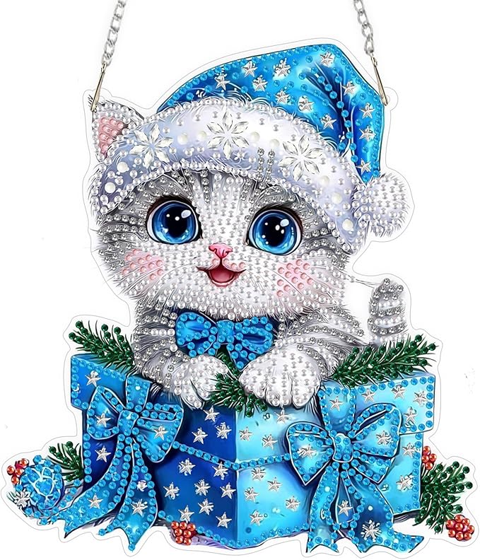 QENSPE Cute Cat Diamond Art Hanging Kits for Adults, 5D Special Shape Diamond Paingting Ornaments Kits with Chain, DIY Christmas Crystal Window Pendants for Home Wall Decor Double Sided 8X8 inch