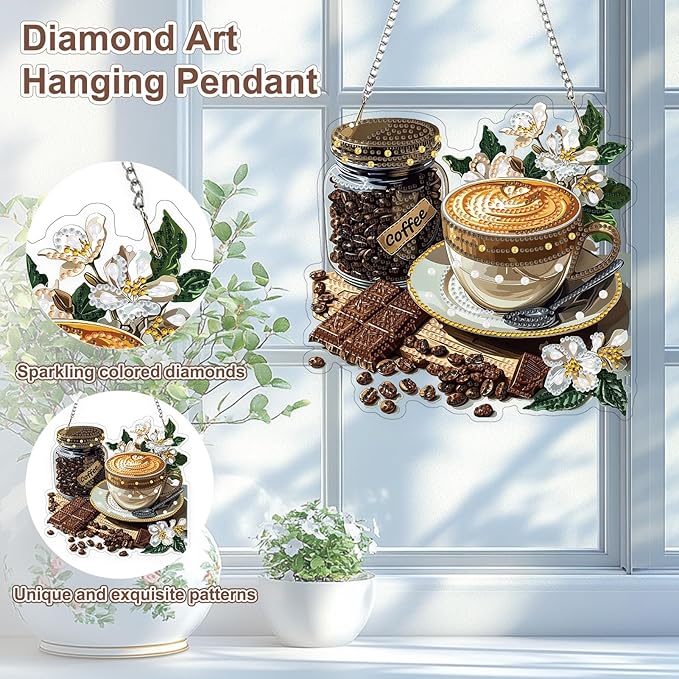 TOSTOG Cappuccino Sign Diamond Art Pendant Kits for Adult, White Diamond Painting Hanging Kit for Beginners, 5D DIY Crafts Gem Art, Waterproof Full Accessories for Home Decor Idea 20 * 20 cm/8 * 8 in