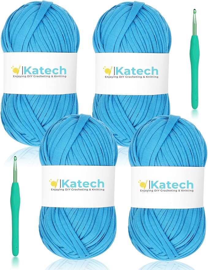 Katech 400g T-Shirt Yarn Set, 130 yds Elastic Fabric Yarn for Knitting Bag & Blanket Cushion Crocheting Projects, Spaghetti Yarn for DIY Knitting Handmade Decor w/ 2pcs Crochet Hooks (Blue)