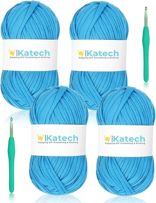 Katech 400g T-Shirt Yarn Set, 130 yds Elastic Fabric Yarn for Knitting Bag & Blanket Cushion Crocheting Projects, Spaghetti Yarn for DIY Knitting Handmade Decor w/ 2pcs Crochet Hooks (Blue)