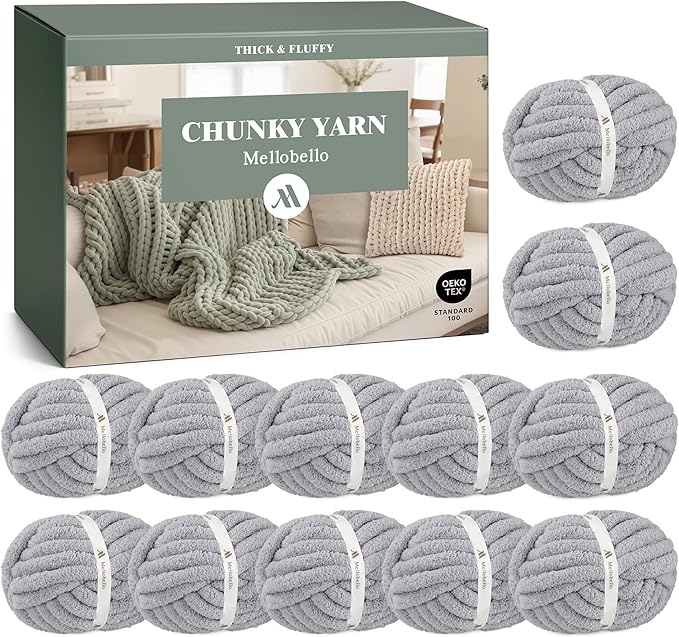 Jumbo Chenille Chunky Yarn for Crocheting - Super Bulky Fluffy Chunky Yarn for Hand Knitting - Extra Thick Soft Blanket Big Yarn 12 Jumbo Pack (27yds,8 oz Each Skein)