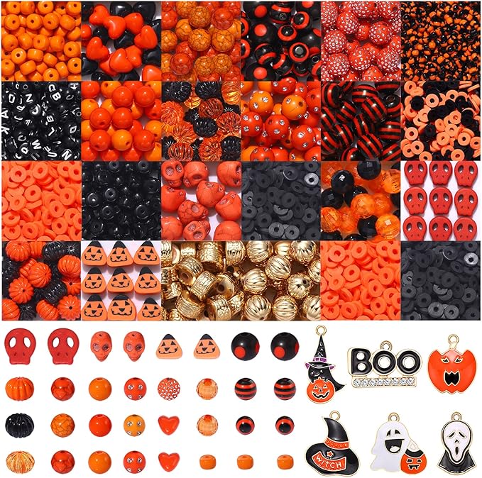 1941PCS+ Halloween Beads for Jewelry Making Orange Black Pumpkin Skull Polymer Clay Letter Beads with Boo Spooky Ghost Pumpkin Witch Hat Pendant Accessories for DIY Necklace Bracelets Making Kit