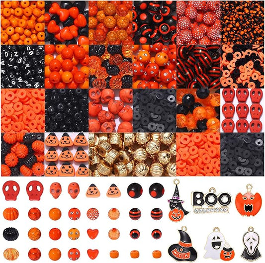 1941PCS+ Halloween Beads for Jewelry Making Orange Black Pumpkin Skull Polymer Clay Letter Beads with Boo Spooky Ghost Pumpkin Witch Hat Pendant Accessories for DIY Necklace Bracelets Making Kit