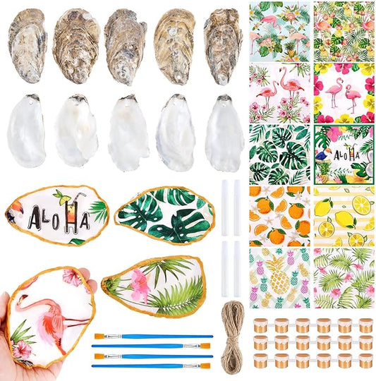 APUDWN 16 Set DIY Natural Oyster Shell Decoupage Kit Hawaiian Crafts 4-5" Large Shells Drilled with Napkins Paints Brushes for Crafts Coastal Beach Art Hanging Ornament Making Adult Hobby Gifts