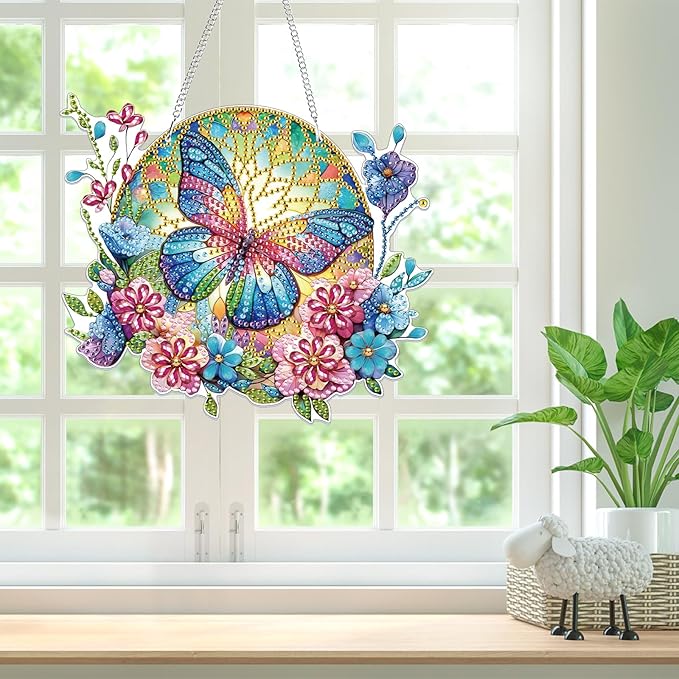 Bowetile Butterfly Diamond Art Hanging Kits for Adults, 5D Special Shape Diamond Painting Flowers Pendant Kits, Animal Gem Art Suncatchers Painting Ornament for Home Garden Wall Decor