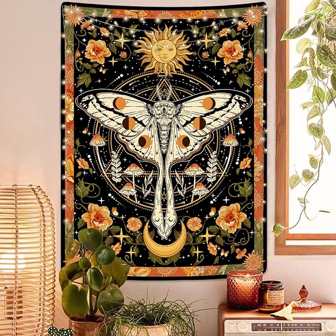 aipon orange moth tapestry boho retro floral flowers tapestries aesthetic vintage mushroom tapestries bedroom indie vertical tapestry wall hanging for living room dorm (44.00'' × 60.00'', orange)