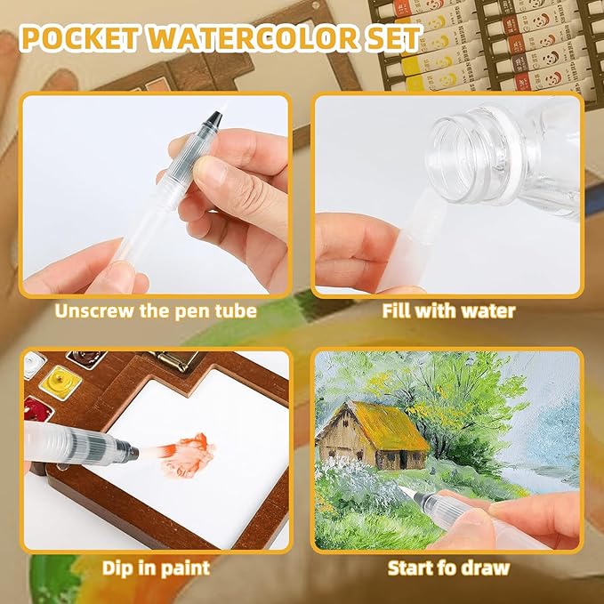Mini Watercolor Paint Set, Portable Travel Watercolor Kit with 24 Colors, 3 Brushes, Sketchbook and Copper Clip, Pocket Art Supplies for Beginners, Artists, Painting Enthusiasts