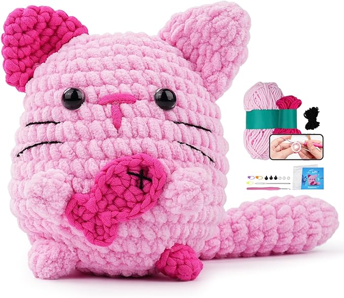 Vanttokeey Crochet Kit for Beginners, Animal Amigurumi Crochet Kits Included, Step-by-Step Video Tutorials, Beginner Crochet Kit for Adults and Kids, Crocheting Starter Set (Cat)