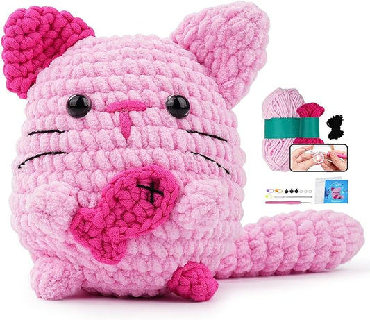 Vanttokeey Crochet Kit for Beginners, Animal Amigurumi Crochet Kits Included, Step-by-Step Video Tutorials, Beginner Crochet Kit for Adults and Kids, Crocheting Starter Set (Cat)
