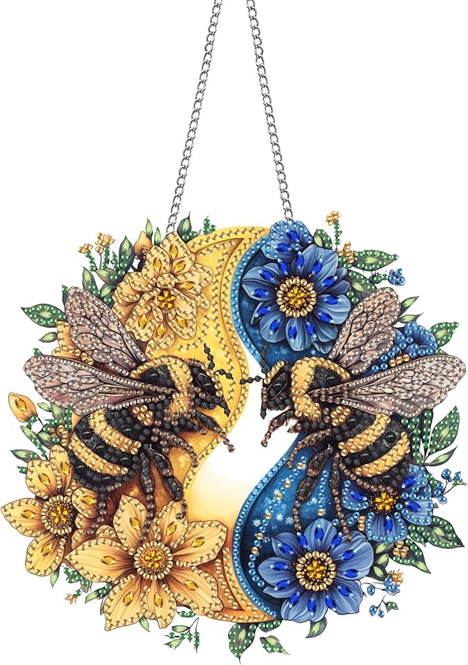 Pavemlo Hanging Diamond Art Kits for Adults Bees – 8x8 Inch Double-Sided Acrylic Board DIY Crystal Diamond Suncatcher Pendant, Sparkling Home Wall or Window Decoration Handmade Gift
