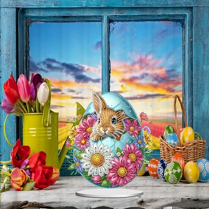 DIY Dot Diamond Desktop Easter Creative Ornaments Diamond Art Painting by Number Embroidery Arts and Crafts Easter for Home Office Garden Decoration (Single Side Dot Diamond)-23-Easter Bunny Egg