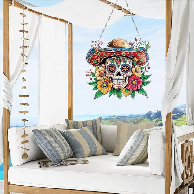 VAIIEYO Skull Diamond Art Hanging Ornament, Flower Diamond Painting Suncatchers Window Hanging Kit with Chain, 7.5x7.5 inch Crystal Pendant Art Craft for Gift Home Wall Front Door Decoration