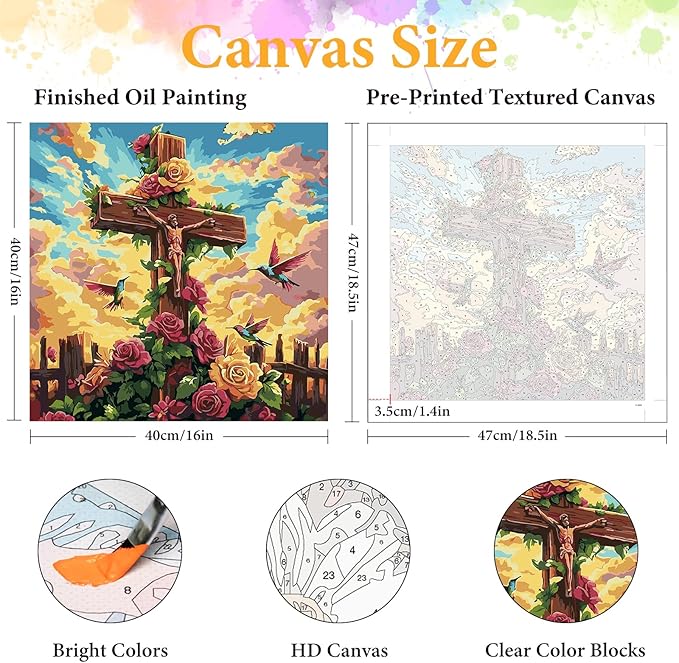 Paint by Numbers Kit for Adults Beginner Religious Cross, Flower Adult Paint by Number Kits on Canvas, Jesus DIY Acrylic Oil Painting by Numbers for Adults, Perfect for Home Wall Decor 16X16 Inch