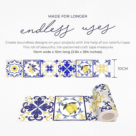 Serenity Fair Tile Pattern Washi Tape. Mediterranean Portuguese Italian Tiles Pattern Washi Tape, Extra Wide 4 inches / 10 cm Repositionable Sticker Tape Roll