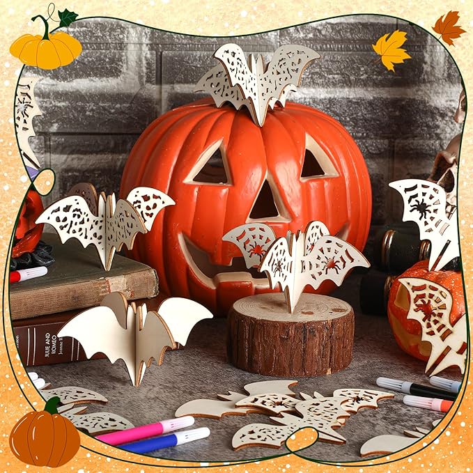 Blosssound 48 Pcs Summer Halloween Craft Set 36 Wood Bats for Crafts 3D Bats Cutouts with 12 Colored Marker Wooden Unfinished Slices to Paint for Summer Halloween DIY Handmade Tiered Tray Decor