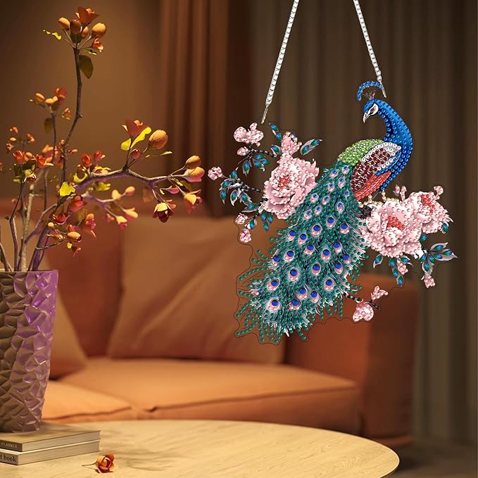 Lxmsja DIY Peacock On Branch Diamond Painting Hanging Ornament, Double-Sided Acrylic Pink Flowers Diamond Art Kit, Special Shaped Suncatcher Hanging Pendant Window Art Kit 7x8 inch