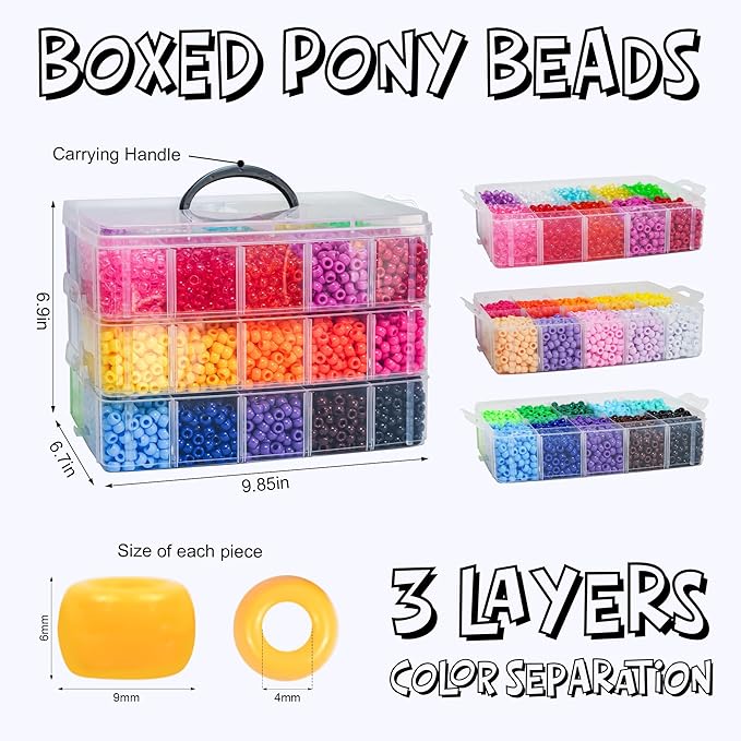 Pony Beads 10,000 Pieces Bracelet Making Kit, 30 Colors Kandi Beads Kit for Bracelets, Jewelry, Hair & Crafts, DIY Projects for Teens and Adults