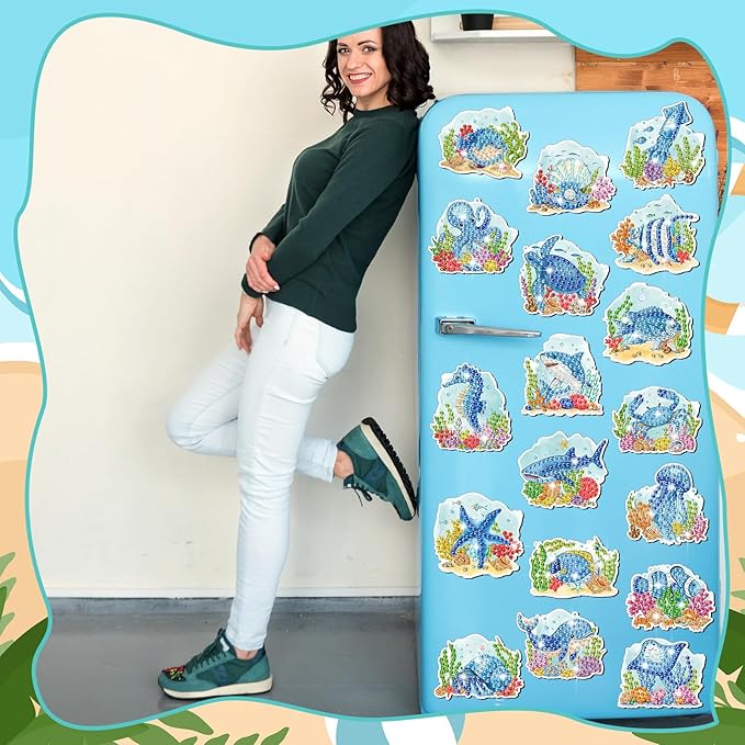 Xuhal 30 Pcs Summer Diamond Painting Magnets Ocean Animal Diamond Art Magnet Kits for Adults 5D Rhinestone Beach Under The Sea Animal Refrigerator Magnetic Sticker for DIY Craft Fridge Ocean Gifts