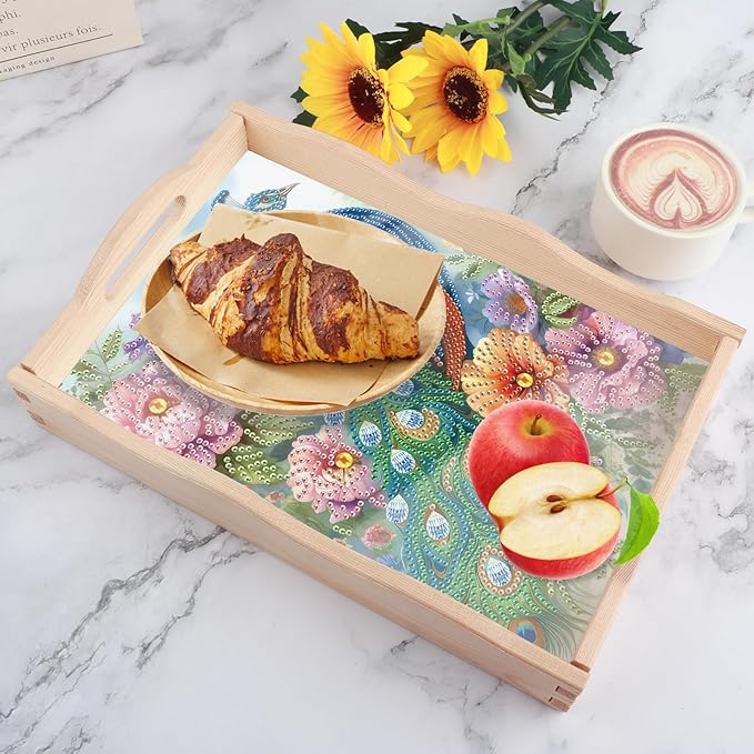 DIY Diamond Art Tray with Handle Diamond Art Painting Plate Creative Design Handmade Wooden Tray Mosaic Making Kits by Number Kits Diamond Art for Coffee Living Room Home Organizer (Peacock)