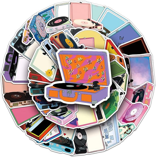 Retro Record Player Stickers for Scrapbooking,50 Pcs Vintage Vinyl Player Decals, Waterproof Vinyl Stickers for Journals, Laptops, Home Decor, Ideal for Music Lovers Adults(Record Player)