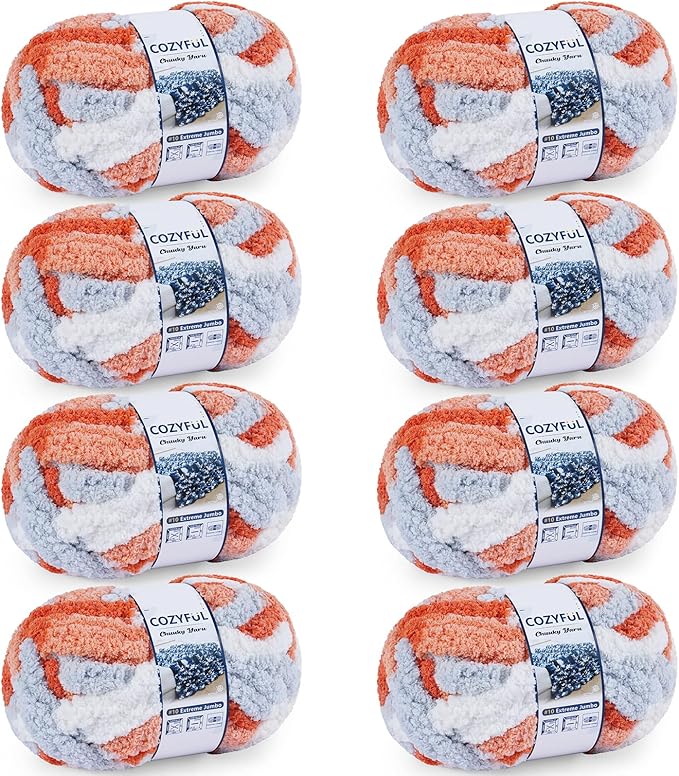 Chunky Yarn for Hand Knitting - #10 Chunky Chenille Blanket Yarn, Jumbo Big Thick Chunky Yarns for Crocheting, Tie Dye Bulky Knit Yarns, 8 Skein (25 yds 8 oz Each Skein), Multi Orange&Grey